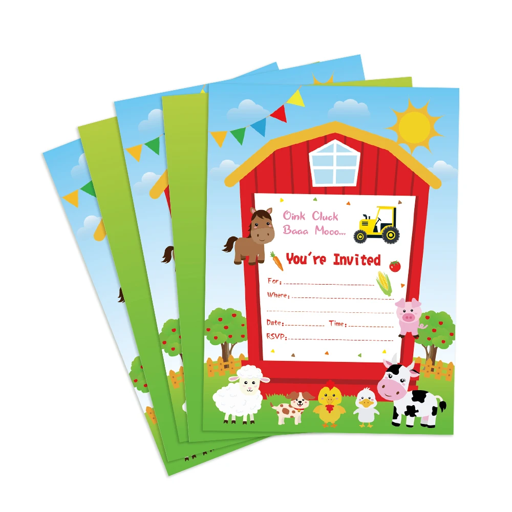 24pcs Cartoon Farm Animals Milk Cow Pig Chick Theme Invitation Cards with Envelopes Baby Shower Birthday Party Wedding Supplies