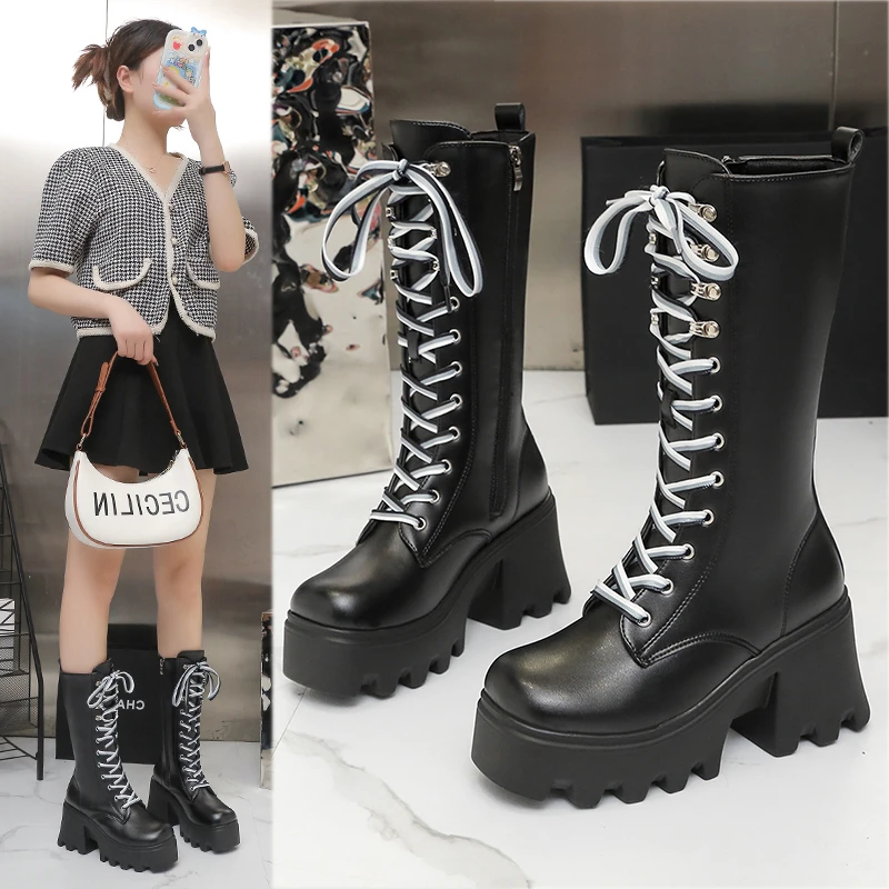 

2023New 10cm High Rise Boots for All Seasons New True Super Fiber Leather Martin Boots Women's Thick Sole High Heel Short Boots