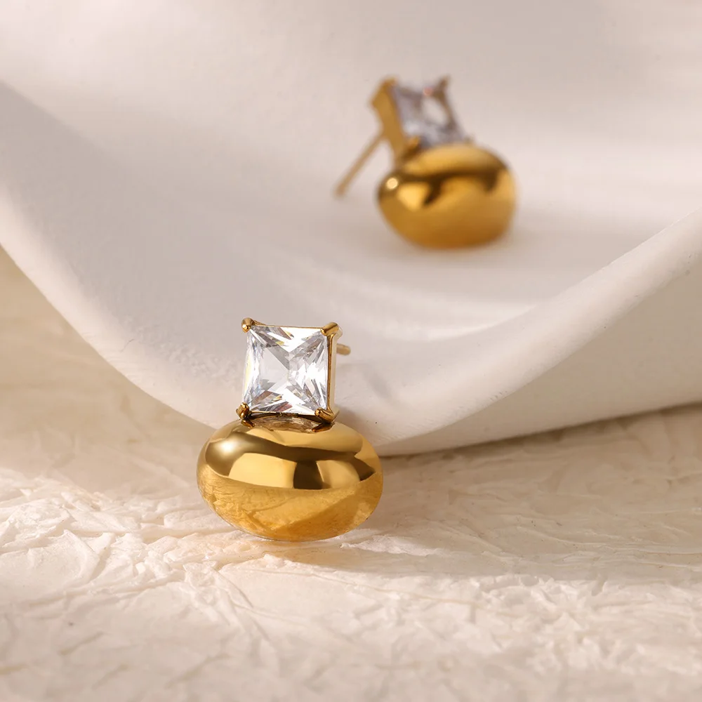 Zircon Bead Ball Geometric Earrings Women Gold Stainless Steel Heart Earring