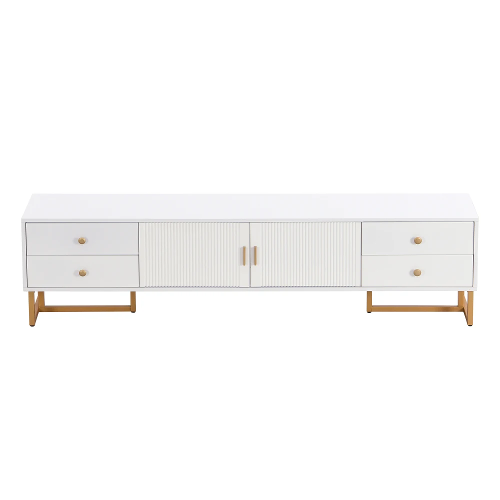 Moderner, stilvoller TV-Schrank – niedriges Panel mit strukturierter Tür, Aufbewahrungsschubladen und goldenen Griffen/Füßen, TV-Möbel für das Wohnzimmer – Detail 17