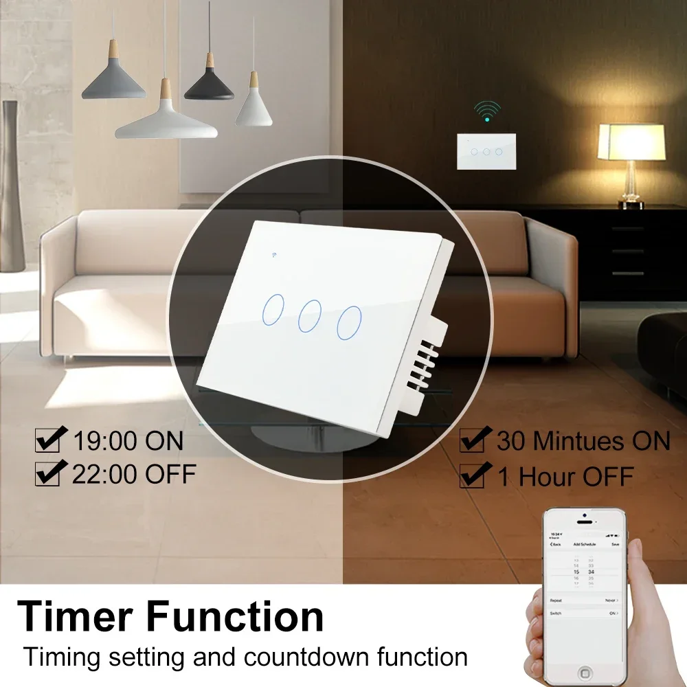 Tuya Smart Life Timer On Off Touch Switch With no Neutral Wifi US AU Israel Brazil Waterproof for 220v 240v Light Lamp 2 3 Way