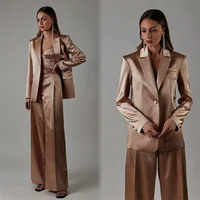 Summer Womens Solid Satin Suit 2 Piece Set Loose Office Lady Wear One Button Peaked Lapel Blazer Custom Made Suits for Women 1