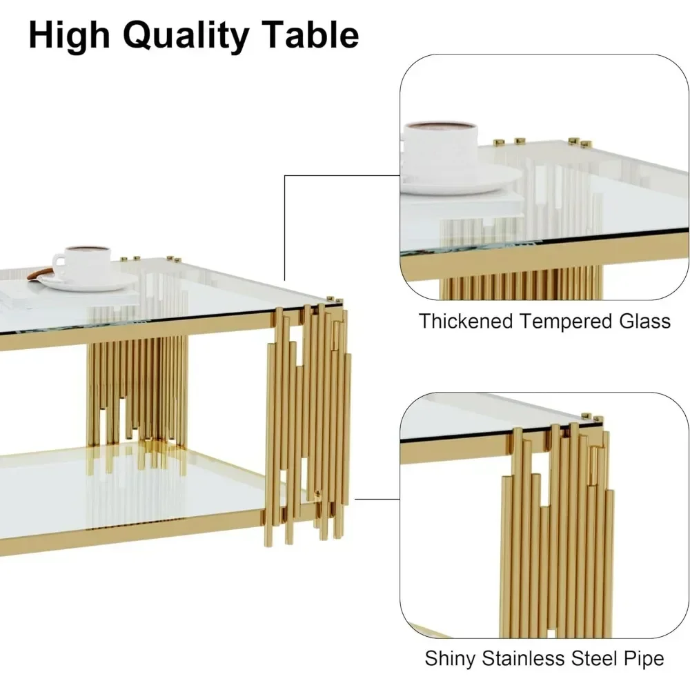 Glass Coffee Table Modern Living Room Table Gold Stainless Steel Metal Leg 51" Rectangular Clear Tempered Glass Center