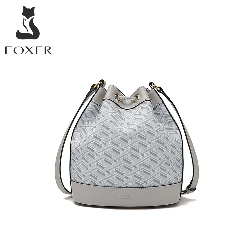 FOXER Brand Monogram Lady PU Leather Shoulder Bag Stylish Women's Versatile Bucket Crossbody Bag Female Drawstring Messenger Bag