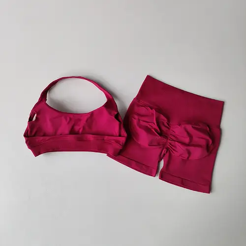 Sexy Halter Neck Beautiful Back High Waist Peach Sports Bras Shorts Suit Pilates Gathering Yoga Vest Training Fitness Bra Sets - Image 13