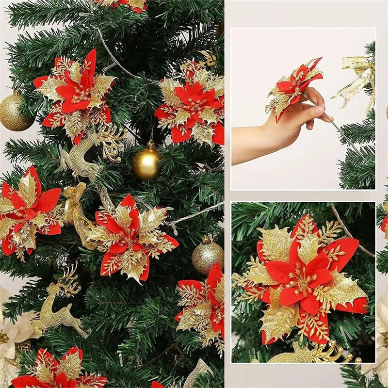 Weihnachtsstern, glitzernde künstliche Weihnachtsblumen, Weihnachtsbaumschmuck für Zuhause, künstliche Blumen, Weihnachtsschmuck, Neujahrsdekoration – Detail 2