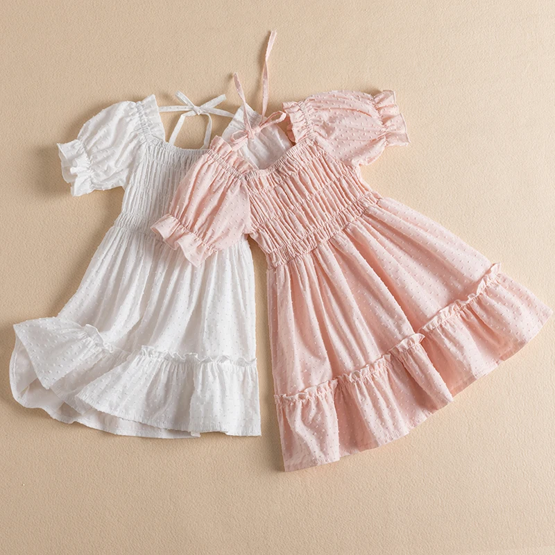 Short Sleeve Dress for Girl Polka Dot Kids Floral Evening Party Dresses Children Clothing Girls Birthday Smocked Vestidos 3-8T