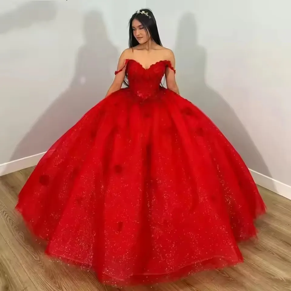 Glittering Ball Gown Quinceanera Dresses Off Shoulder Appliques Princess Party Gown Bomaris Red Customized Vestidos De 15 Anos