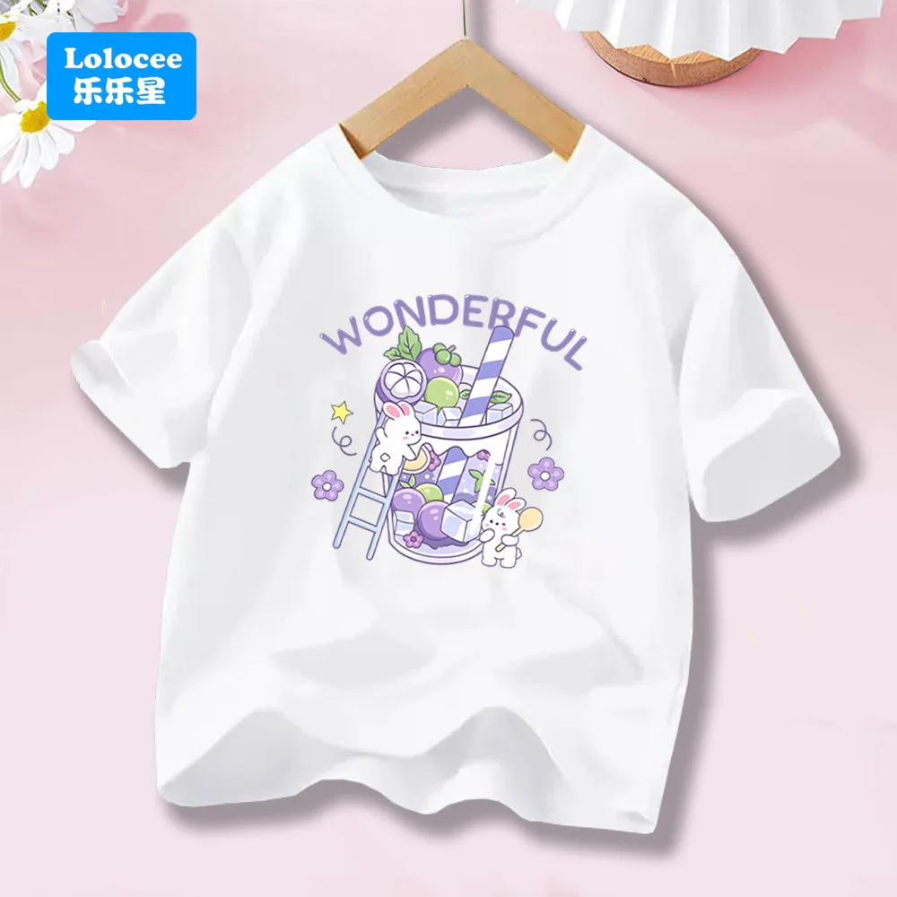 신선한 과일 음료와 토끼 인쇄 소녀 티셔츠 여름 짧은 소매 코튼 티셔츠 키즈 카와이 루즈 탑 티 YLPT1