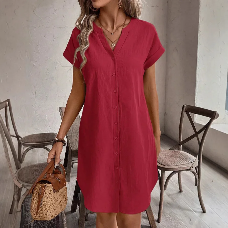 Women Casual Blouse Dress Simple V Neck Button Linen Dress Pockets Loose Large Size Shirt Dress Plus Size Womens Dresses 3