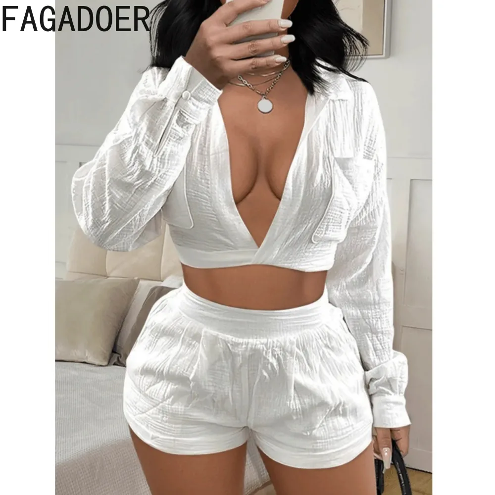 

FAGADOER Fashion Pleated Solid Women's Set Autumn 2023 Long Sleeve Shirt and Shorts Suits Casual Two Piece Set Outfit Tracksuit