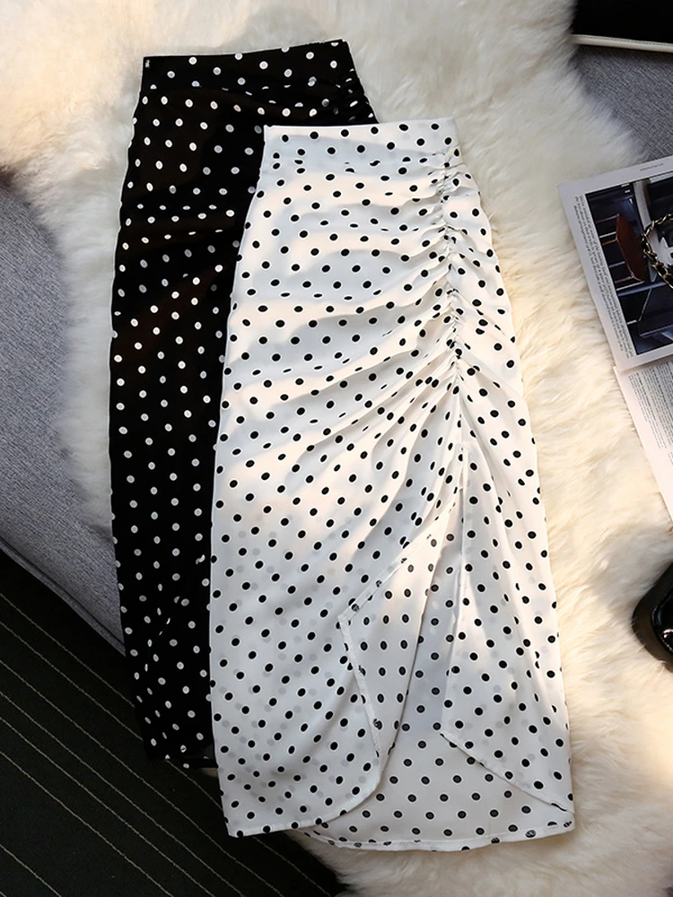 

New Shirring Side Slit Women's Skirts Polka Dot Print White High Waist Back Elastic Band Elegant Ladies Midi Long Skirt Z608