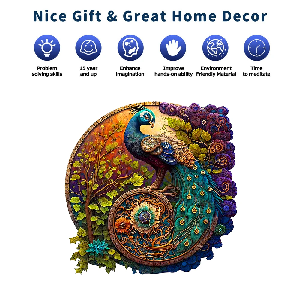 Peacock Wooden Jigsaw Puzzle, Uniquely Irregular Animal Shaped Wooden Stress Relief Toy