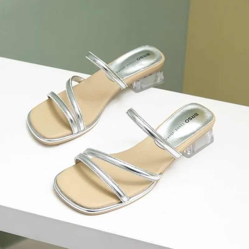 Women Sandals Ladies Square Heels Elegant Summer Slippers Outside Cross Tied Leather Female Slides 2024 Fashion Woman Sandals