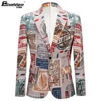 MenRetro Vintage Newspaper Print Casual Blazer Hombre Men DJ Singer Night Club Slim Fit Suit Jacket Prom Party CostumeNewspaper 2