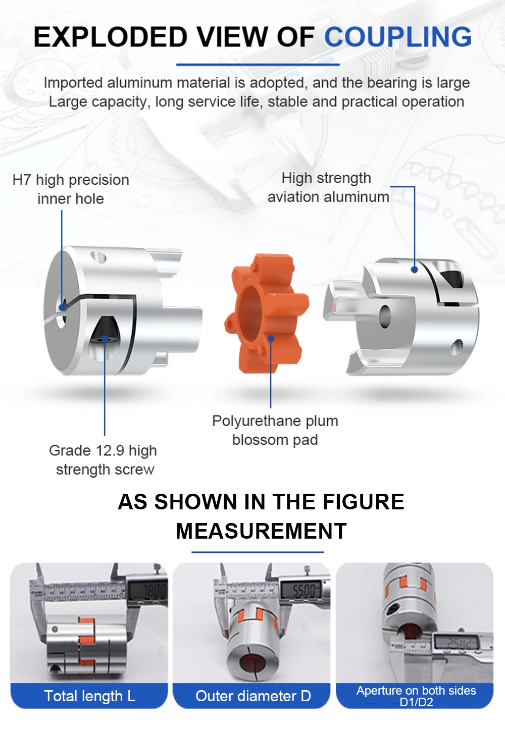 Description Picture 4 of itemLF Three Jaw D40L78 Coupler Aluminium Plum Flexible Shaft Coupling Stepper Motor Connector CNC 8/10/12/12.7/14/16/20/22mm