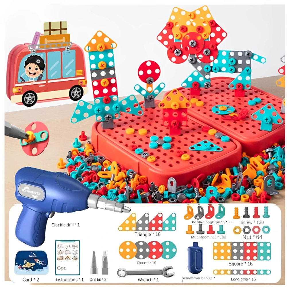 WizKidz Electric DIY Drill STEM Puzzle Toy Set Creative Drill Kit 2D/3D Educational Building Tool Kit for Boy&girl Pretend Play