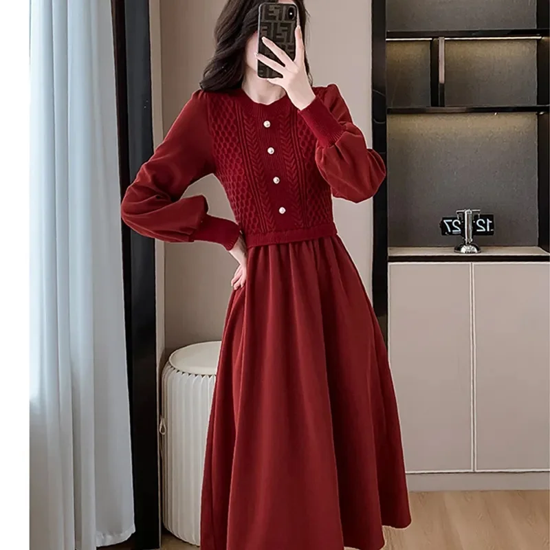 Fake Two Pieces Thick Red Dress Autumn and Winter New Knitted Woolen Dress Women's Round Neck with Coat Underlay Red Dress Lon