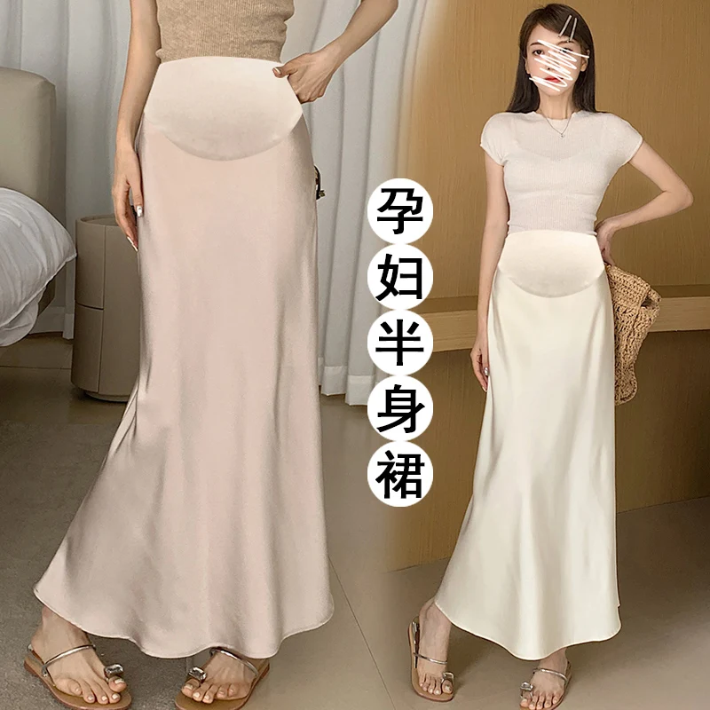 Satin Smooth Drooping Maternity Fishtail Skirts Summer Y2k Youth A Line Pencil Elastic Waist Belly Bottoms for Pregnancy Women