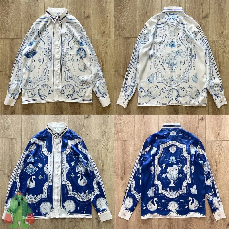 

Ocean Style Casablanca Shirt Swan Shell Printing Long Sleeve Loose Hawaii Beach Soft Blue Shirts for Men Women