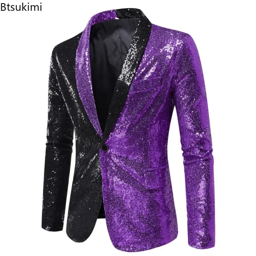Men's Patchwork Sequins Tuxedo Blazers Stylish Shiny Shawl Lapel One Button Blazer Suit Jacket Men Disco Party Stage Costume