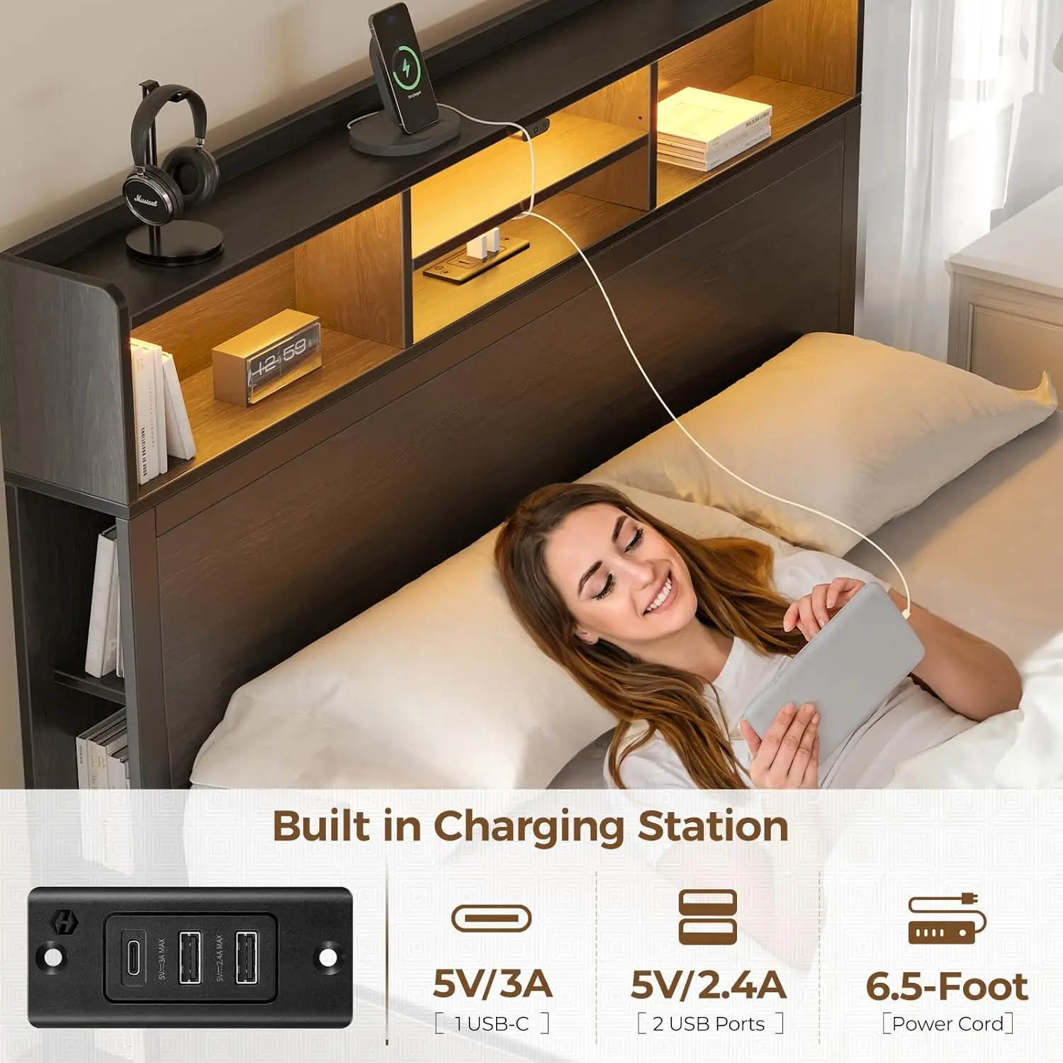 Bed Frame with Storage Headboard, Metal Platform Charging Station, LED 4 Drawers, Bookcase Storage, No Box Sprin 5