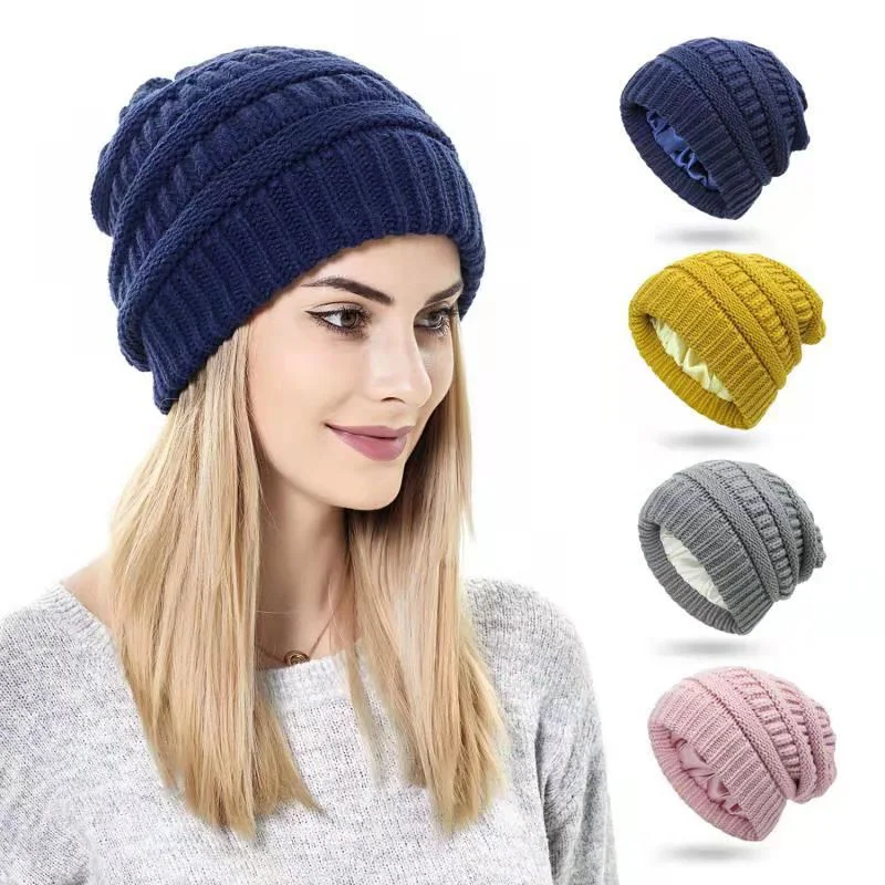 Winter Warm Knitted Hat Satin Lined Hairstyle Protection Beanie Hats Soild Color Outdoor Windproof Women Snow Skiing Caps 3