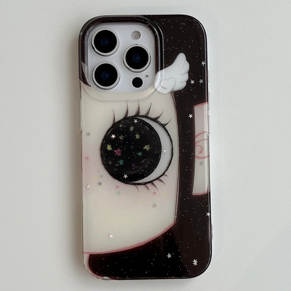 INS Fashiy Cute Big Eyed Girl Phone Case with Feather Texture Back Cover