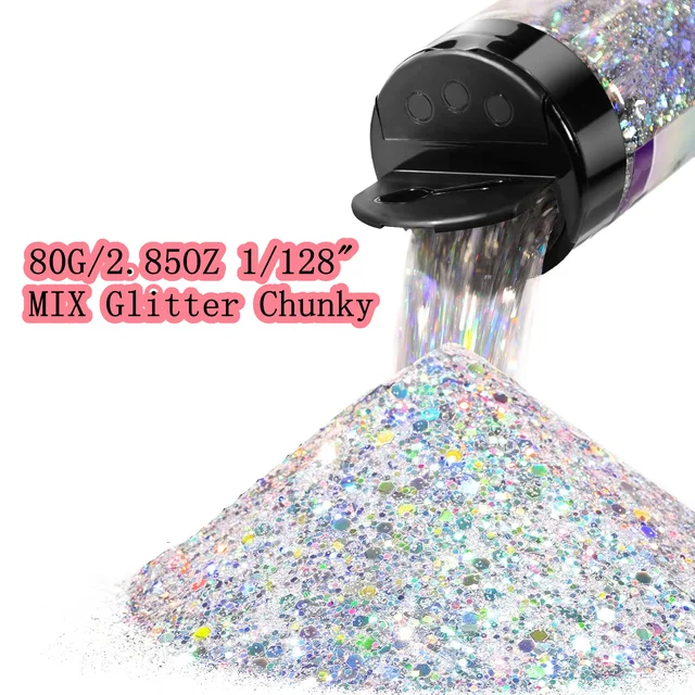 Silver Nail Glitter Chunky 80G/2.85OZ 1/128" Craft Glitter for Resin Festival Cosmetic Chunck Glitter Flakes Sequins