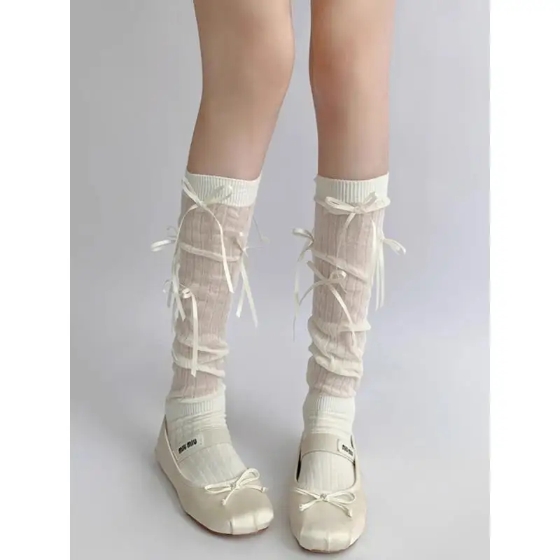 Yuze Mid-calf 여성 여름 얇은 Cutebow 일본식 Jk Whitesocks 로리타 메리의 레깅스 스타킹 여성 속옷