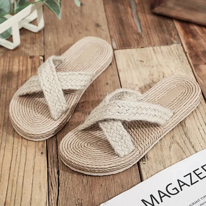 

0285 Minimalist Cross Band Women Slide Sandals Beach Hemp Rope Slides Espadrille Flip Flops Two Straw Straps Shoes