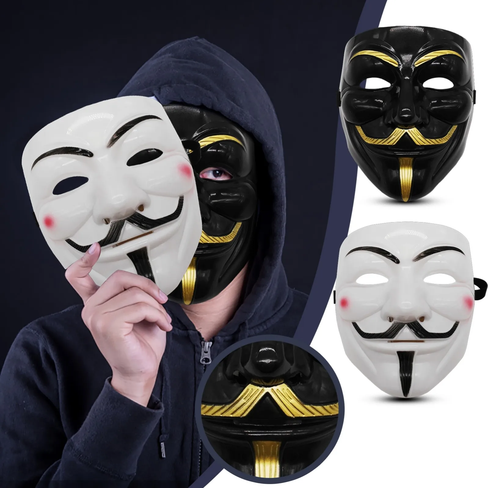 Guy Fawkes Mask - BlackWhite Revolutionary Style Halloween Cosplay Accessory