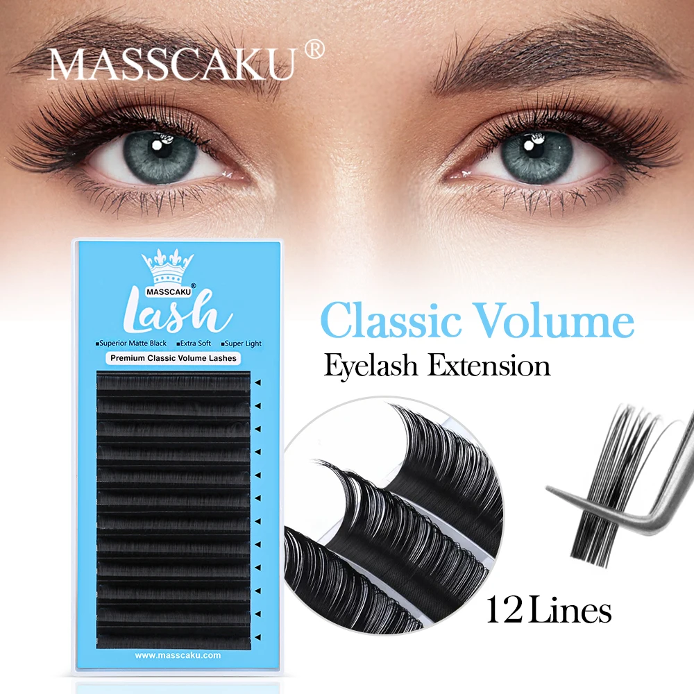 MASSCAKU 12Rows Classic Volume Faux Mink Silk Soft Lashes Custom Logo Black Premium Eyelashes With Private Label Eyelash Box wholesale private label 25mm eyelashes with custom eyelash packaging box