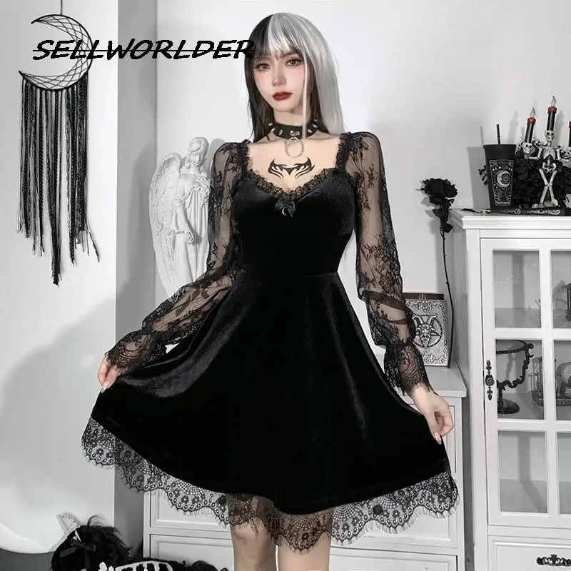

2023 Woman Sexy lace patchwork flare long-sleeved dress ruffle Dark Wednesday girl Mini Dress Party Evening Dress