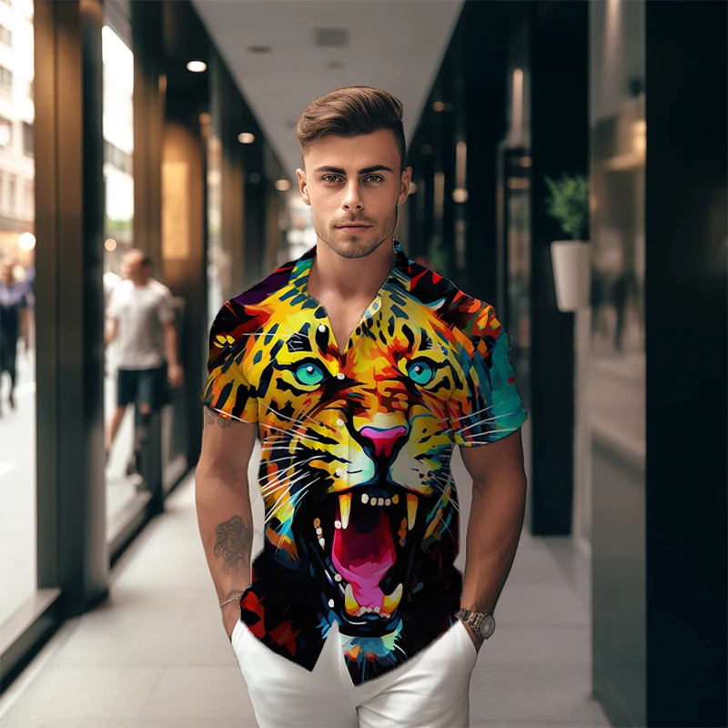 

Футболка мужская с коротким рукавом, цветная Простая рубашка с 3D принтом животных, модная на пуговицах, в стиле Харадзюку, на лето