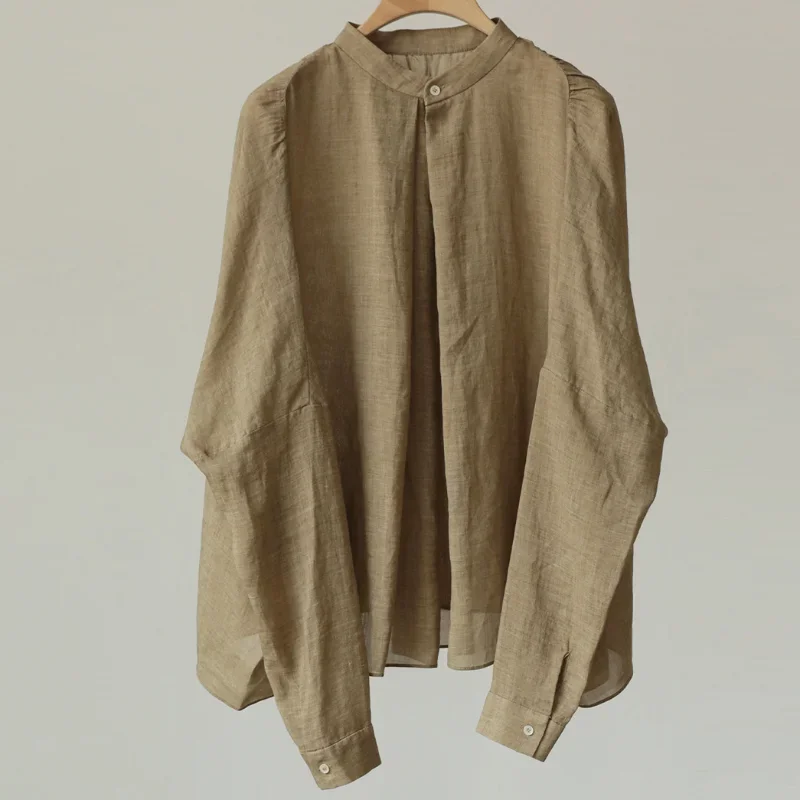 new-exquisite-high-count-linen-loose-temperament-stand-up-collar-solid-color-shirt