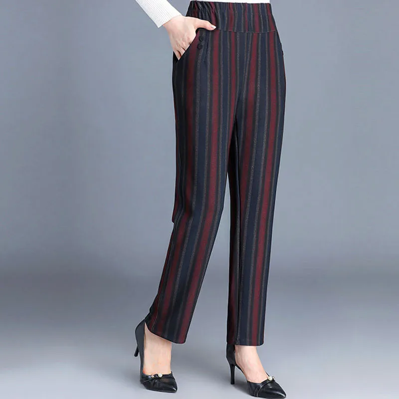 Elegant Vintage Women 6XL Straight Pants Spring Autumn High Waist Casual Elastic Band Fashion Loose Striped Wide Leg Trousers