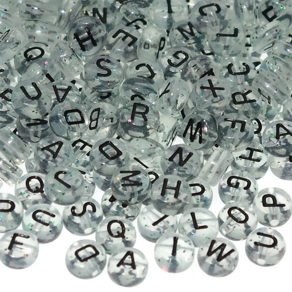 Perle Di Lettere Acriliche Trasparenti Con Paillettes Glitterate Perline Distanziatrici Piatte Rotonde Nere Miste Per Gioielli Che Fanno Accessori Fai