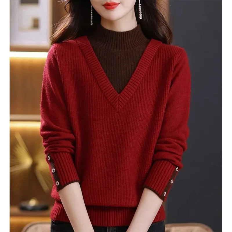 

Women Loose Casual Turtleneck Sweaters Knitted Spliced Fashion Solid Winter Thick Sweatrer Female Top Elasticity Soft Knitwear