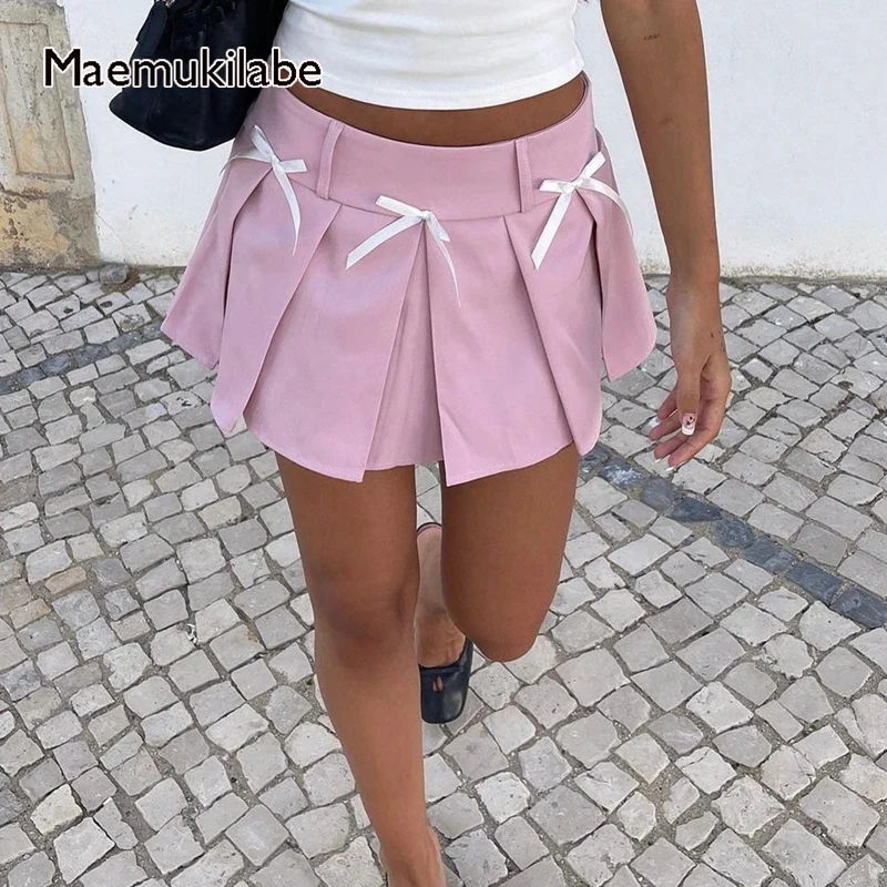 

Maemukilabe Preppy Cute Bow Pleated Skirt Hotsweet Streetwear Y2K Aesthetic Fairycore 00s Retro A-line Mini Skirt Korean Clothes