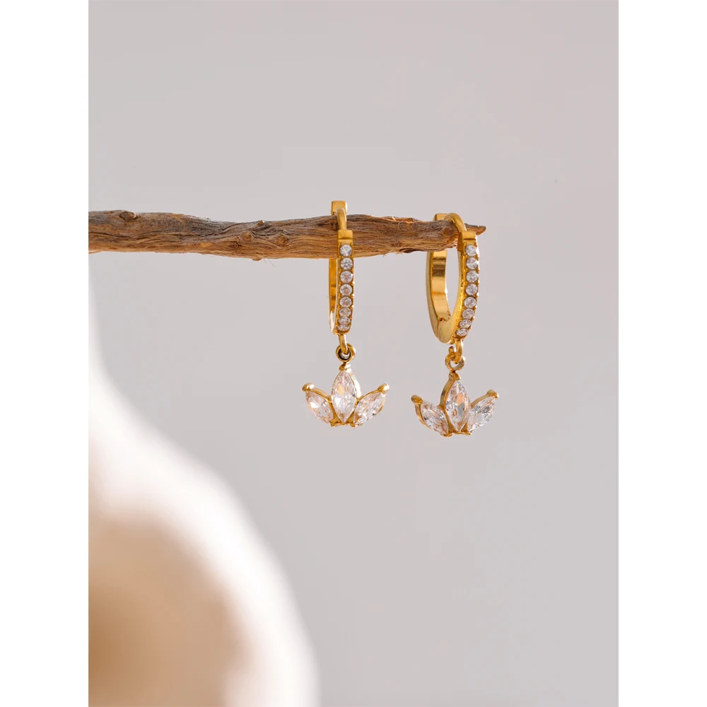 Yhpup Cubic Zirconia Flower Drop Hoop Earrings Stainless Steel Gold