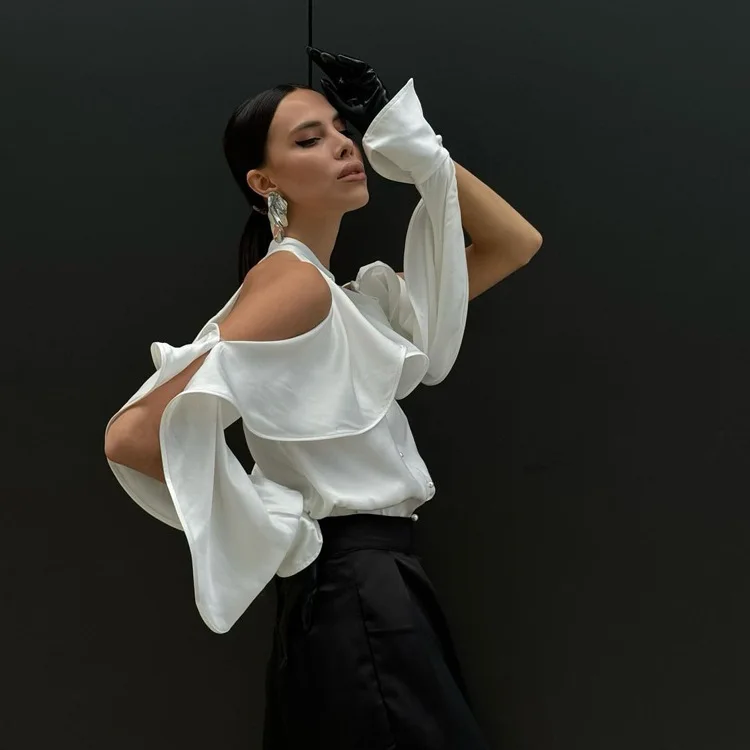 Blusa informal blanca con volantes para mujer, estilo patchwork, con hombros descubiertos, elegante, lisa, de cintura alta, estilo urbano, de verano