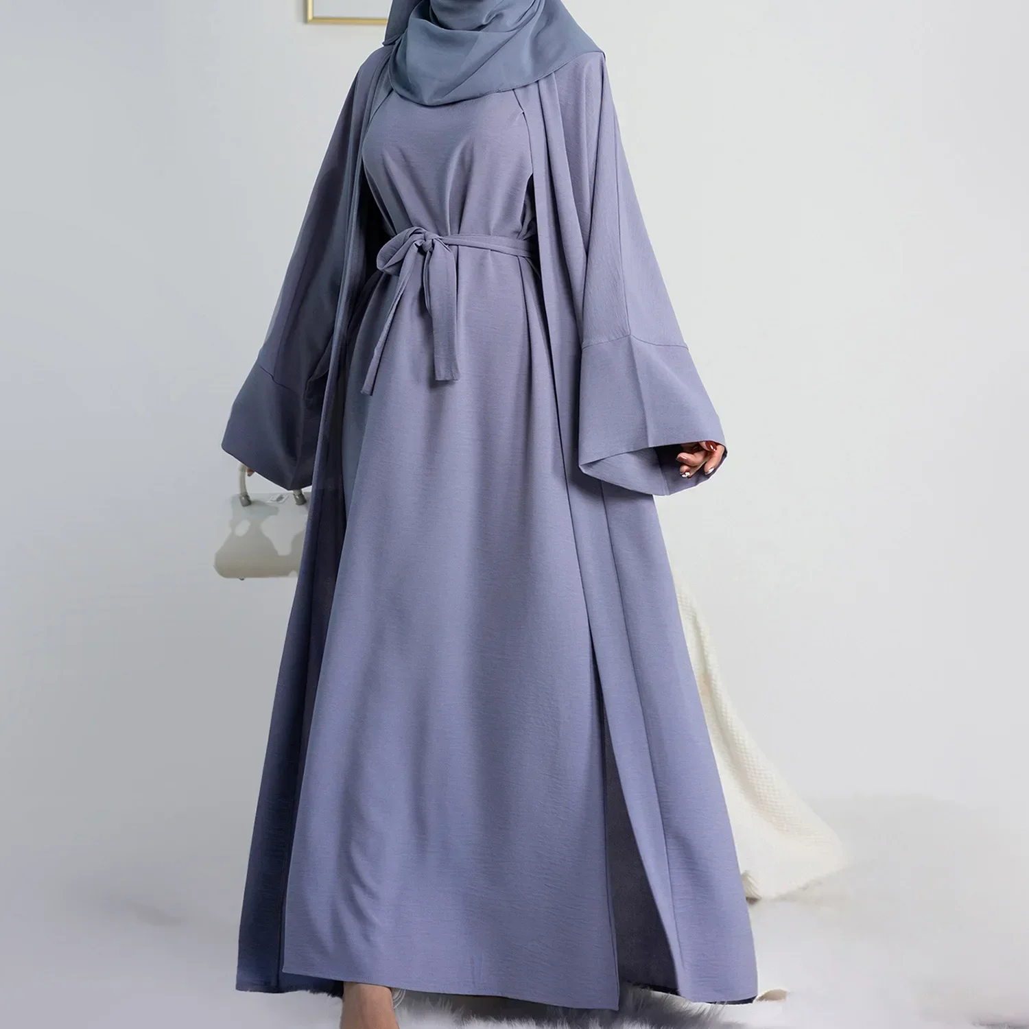 Muslim Woman Set 2 Pieces Open Abaya + Sleeveless Inner Hijab Dress Matching Outfit Suit Dubai Turkey Kimono Islamic Clothing