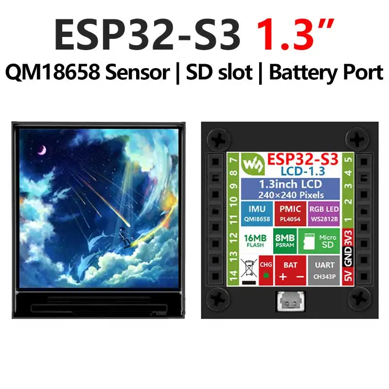 ESP32 S3 LCD 개발 보드 1.3인치 디스플레이 1.3인치 화면 ST7789 미니 TV SD 포트 QST QMI8658 자이로 센서 LVGL 아두이노용