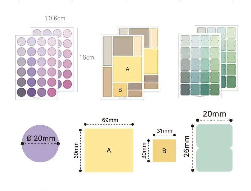 

20Packs Wholesale Multifunctional color label stickers Round Salt Purple square mark dot account stickers pink cute stationery