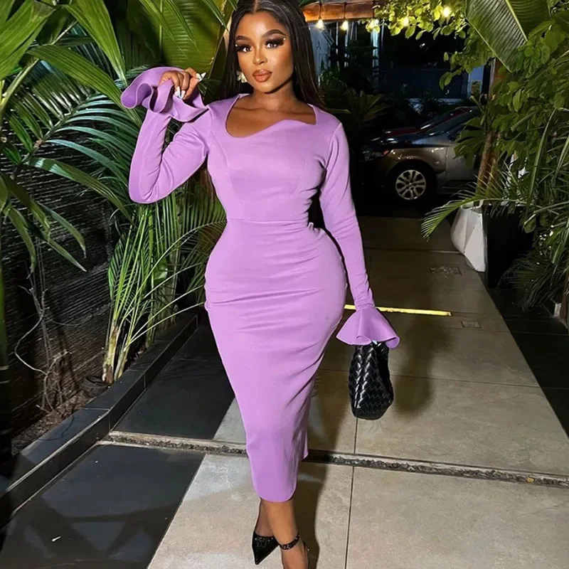 

Flare Sleeve Bodycon Maxi Dresses for Women 2023 Elegant Asymmetrical Collar Back Split High Waist Night Party Club Long Dress
