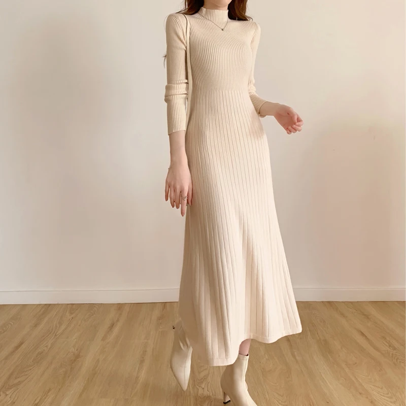 

Autumn Winter Long Sleeve Party Dress Women Button Knitted Mid-calf Half High Collar Elegant Knitted Sweater Dresses Ladies