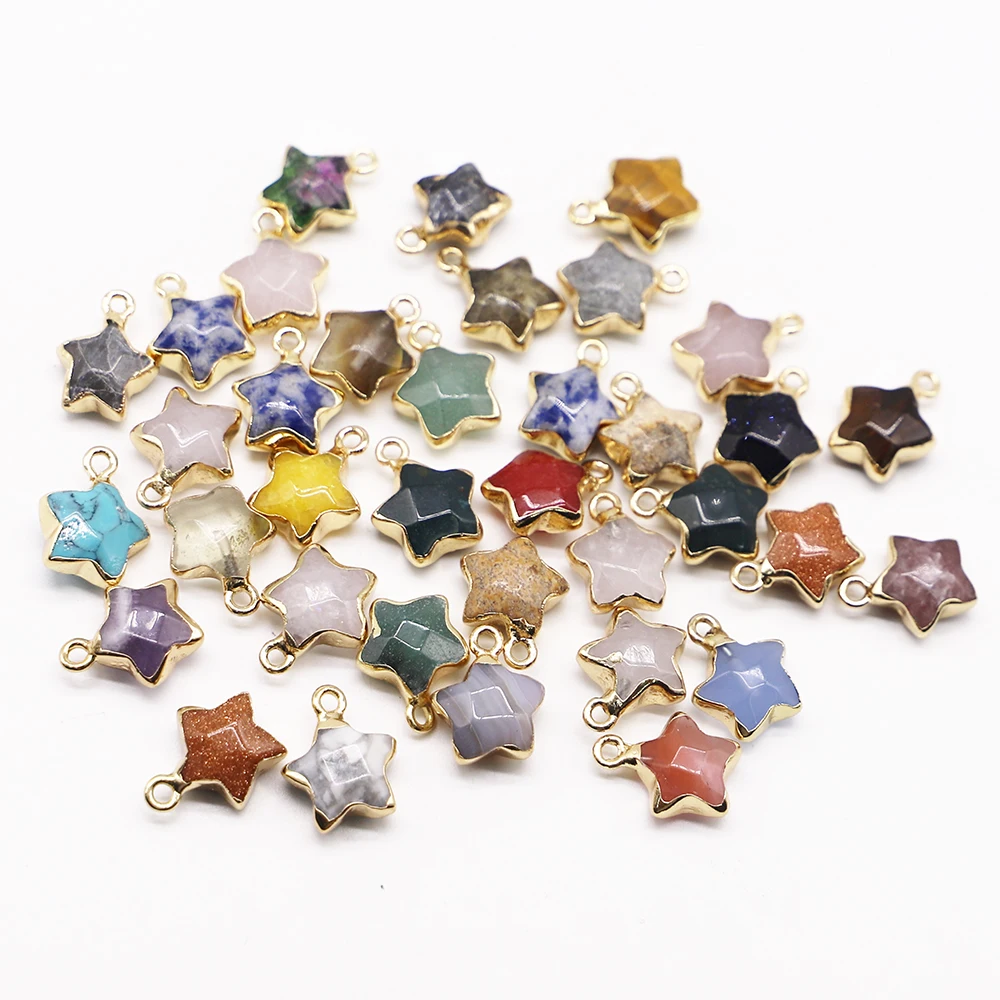 Natural Stone Pentagram Star Pendants Sodalite Gilded Edge Charms Jewelry Making Necklace Earring Accessories Wholesale 12PCS