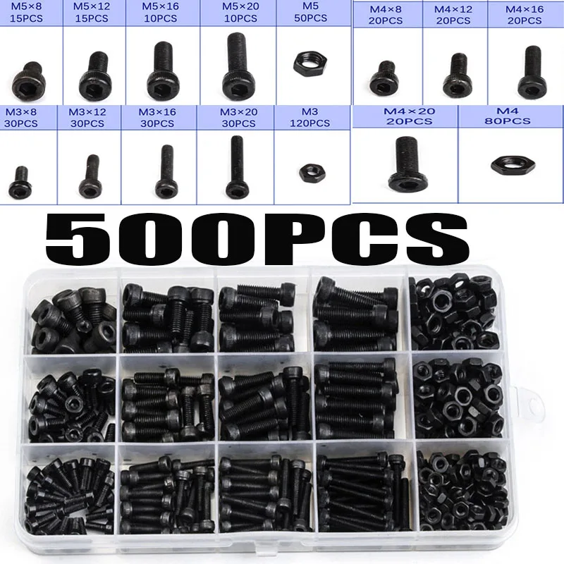 Kit Assorted Fixador de Móveis Aço Carbono Preto Coluna Cilindro Hex Parafuso Hexagonal m3 m4 m5 500 Pcs Conjunto