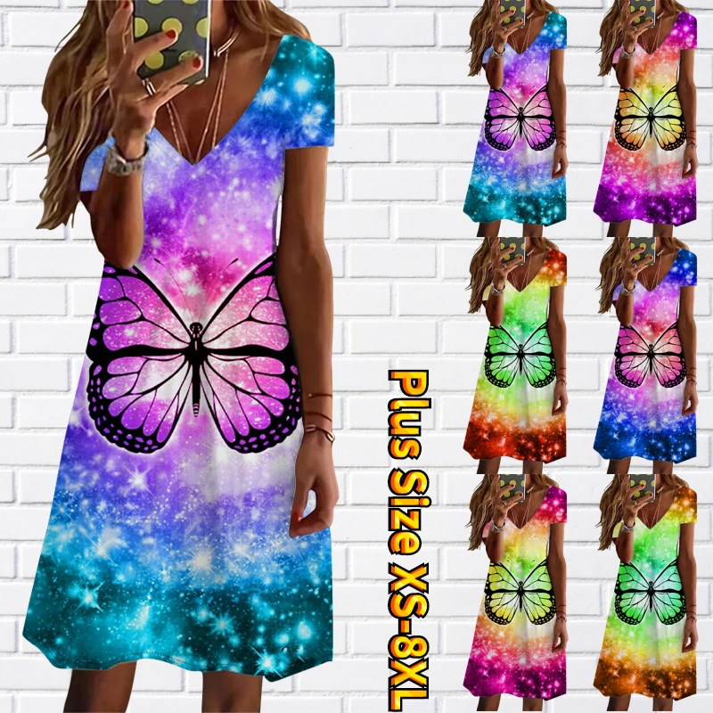 

Women's Vintage Elegant Short Sleeve Skirt V-neck New Design Printed Party Dress Loose Knee-length Skirt Summer Regular Dress